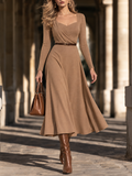 Vintage Asymmetrical Ruched Square Neck Swing Midi Dress