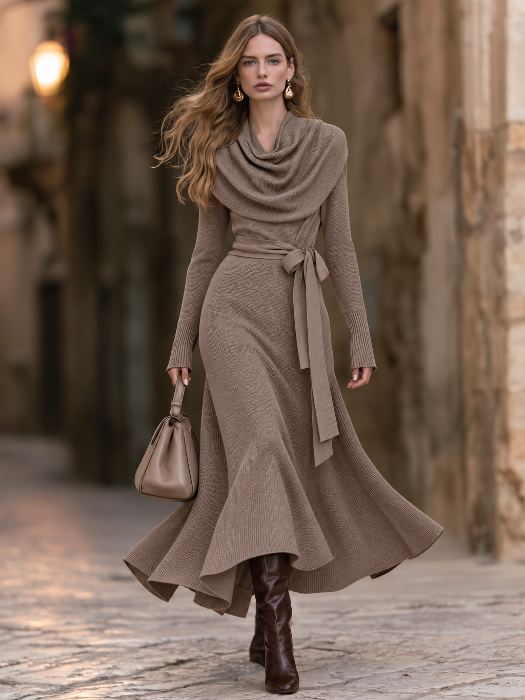 Vintage Cowl Neck Tie-Waist Flowy Maxi Dress