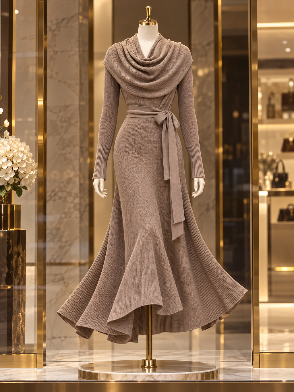 Vintage Cowl Neck Tie-Waist Flowy Maxi Dress