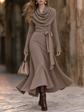 Vintage Cowl Neck Tie-Waist Flowy Maxi Dress