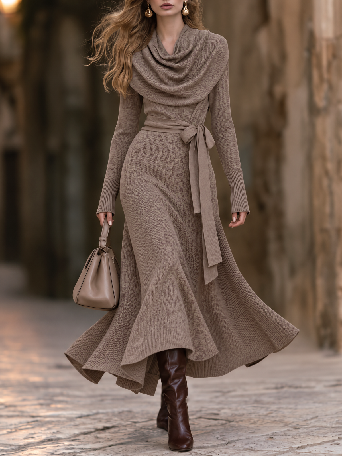 Vintage Cowl Neck Tie-Waist Flowy Maxi Dress