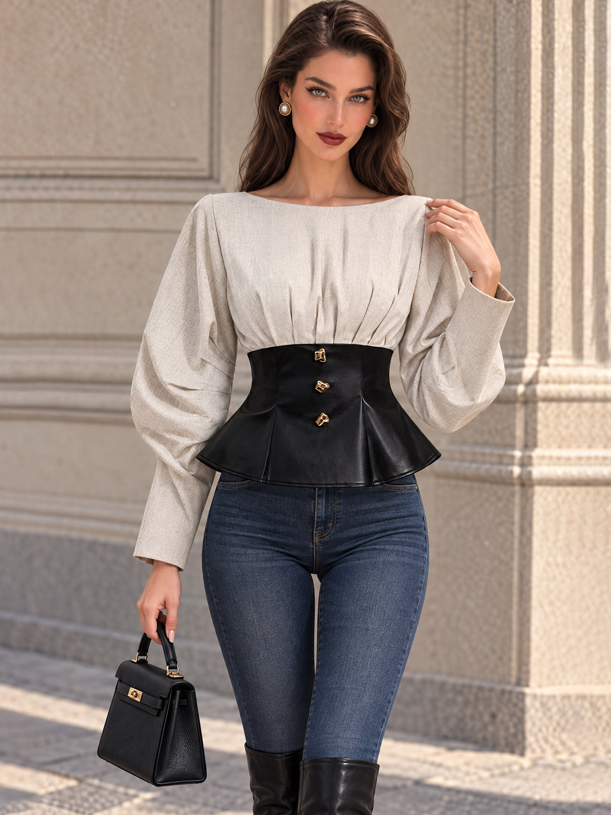 Vintage Beige Linen Look Faux Leather Peplum Blouse