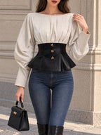 Vintage Beige Linen Look Faux Leather Peplum Blouse