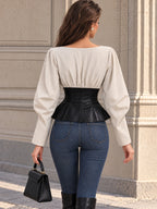 Vintage Beige Linen Look Faux Leather Peplum Blouse