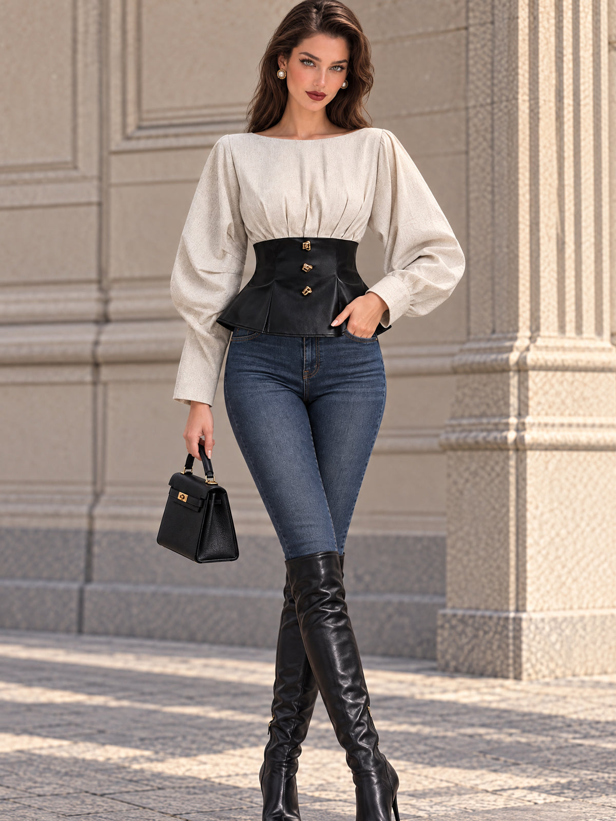 Vintage Beige Linen Look Faux Leather Peplum Blouse