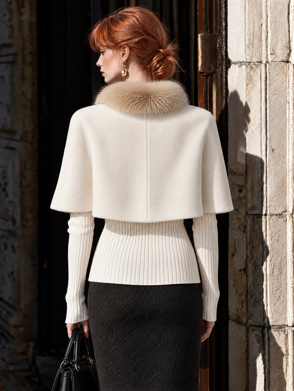 Vintage Faux Two-Piece Fur Collar Cape Wool Jacket