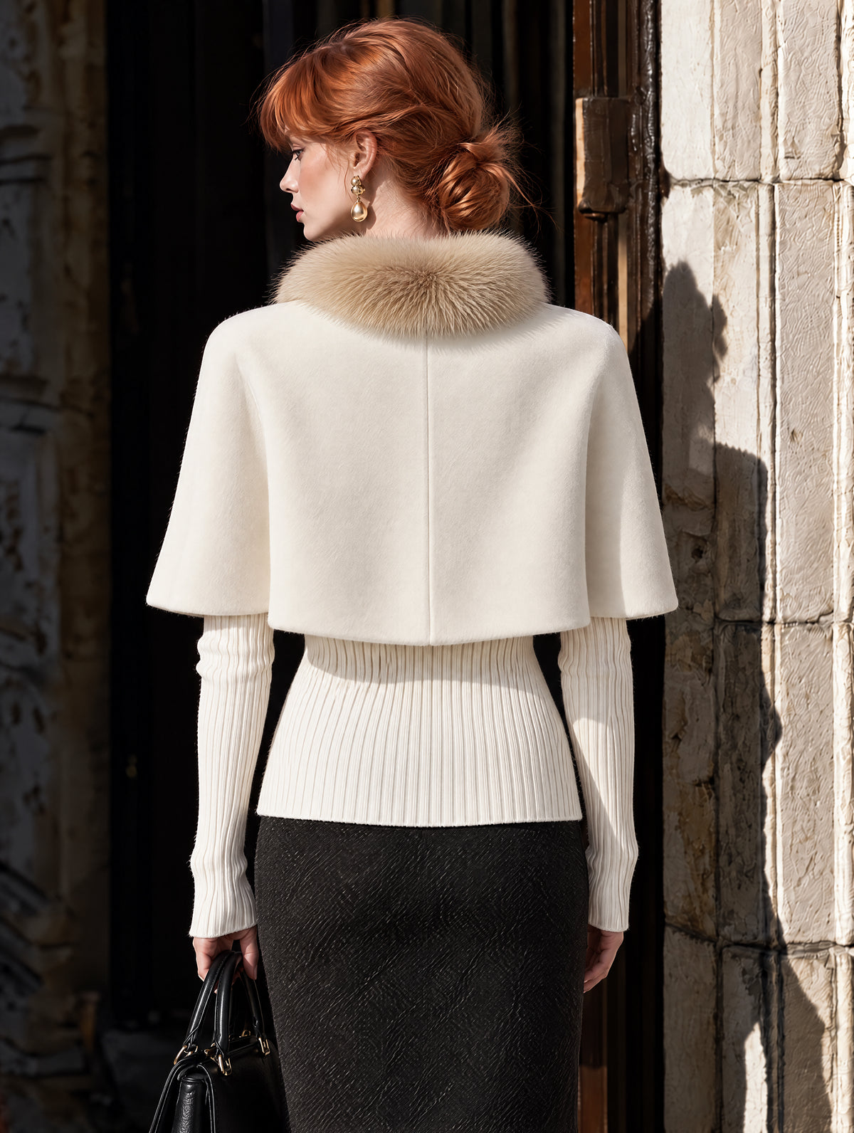 Vintage Faux Two-Piece Fur Collar Cape Wool Jacket