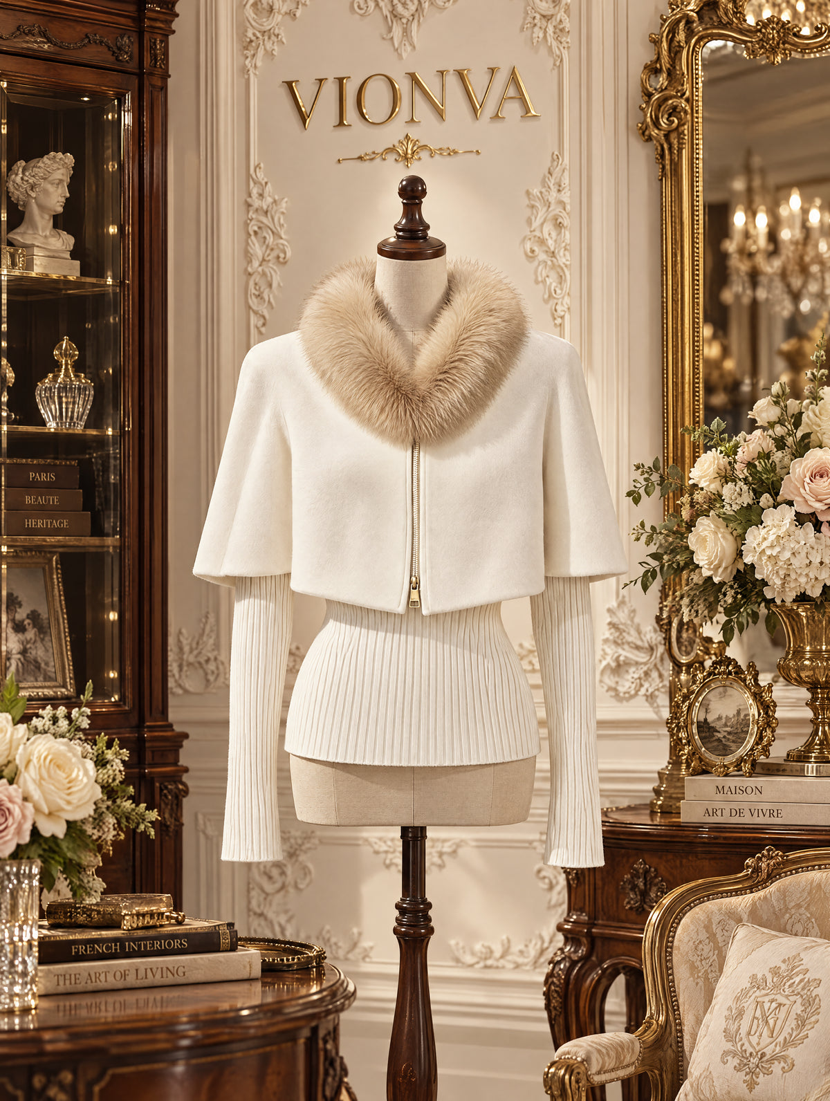 Vintage Faux Two-Piece Fur Collar Cape Wool Jacket