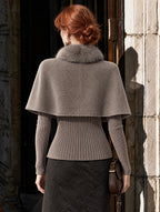Vintage Faux Two-Piece Double Breasted Fur Collar Cape Knit Top