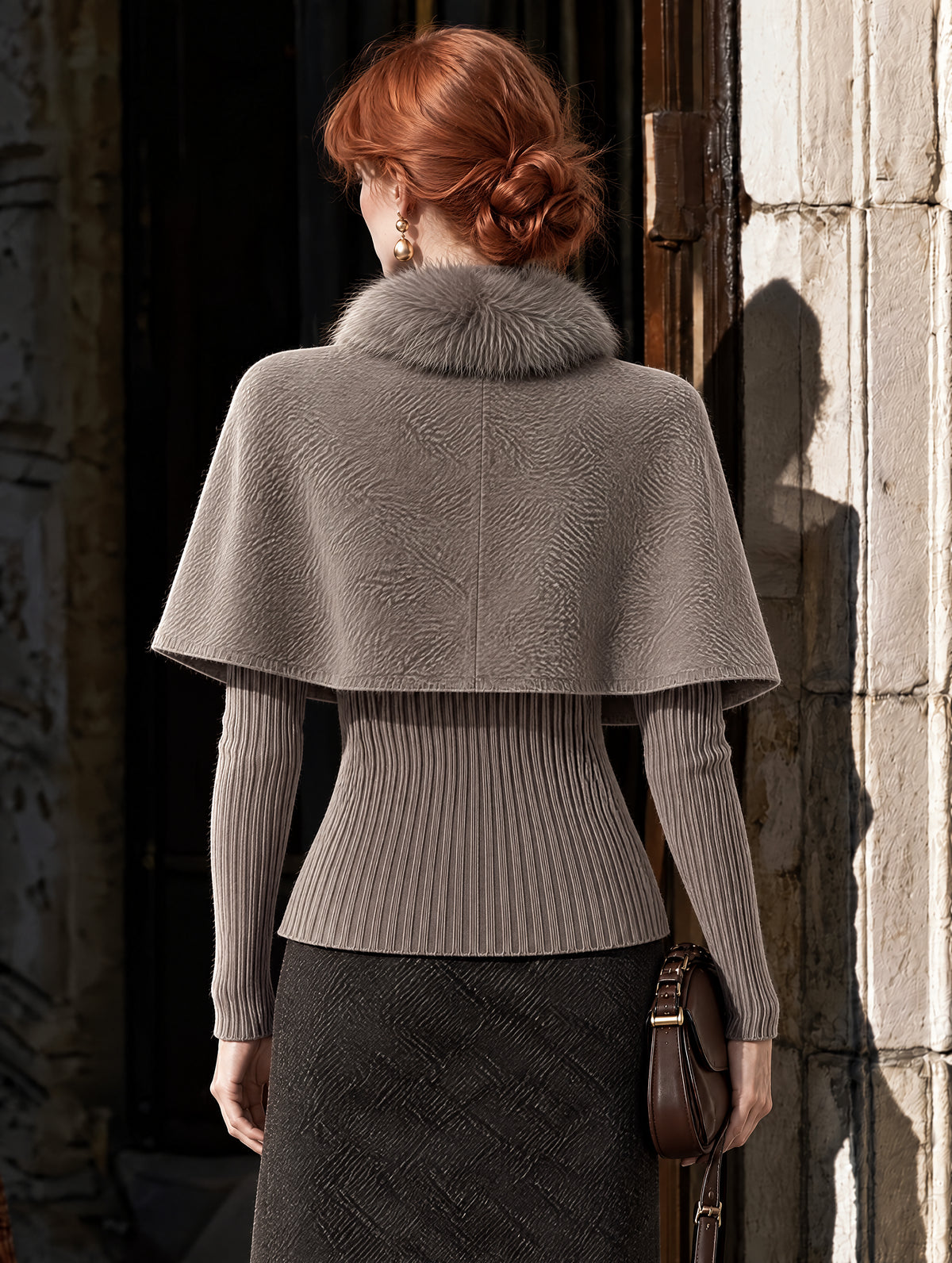 Vintage Faux Two-Piece Double Breasted Fur Collar Cape Knit Top