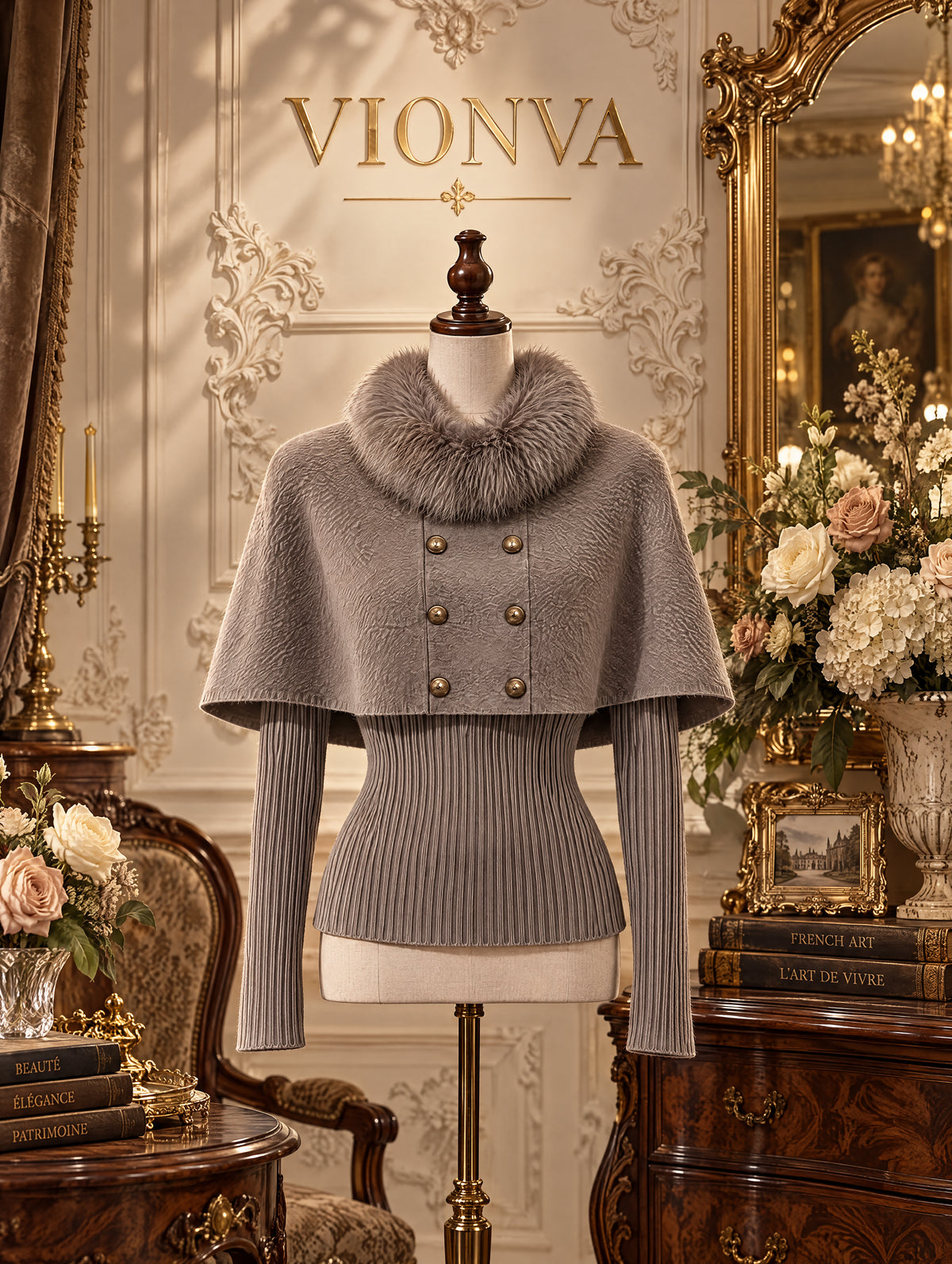 Vintage Faux Two-Piece Double Breasted Fur Collar Cape Knit Top