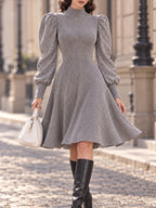 Vintage Grey Ribbed Knit Puff Sleeve Flare Dress