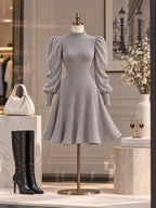Vintage Grey Ribbed Knit Puff Sleeve Flare Dress