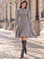 Vintage Grey Ribbed Knit Puff Sleeve Flare Dress