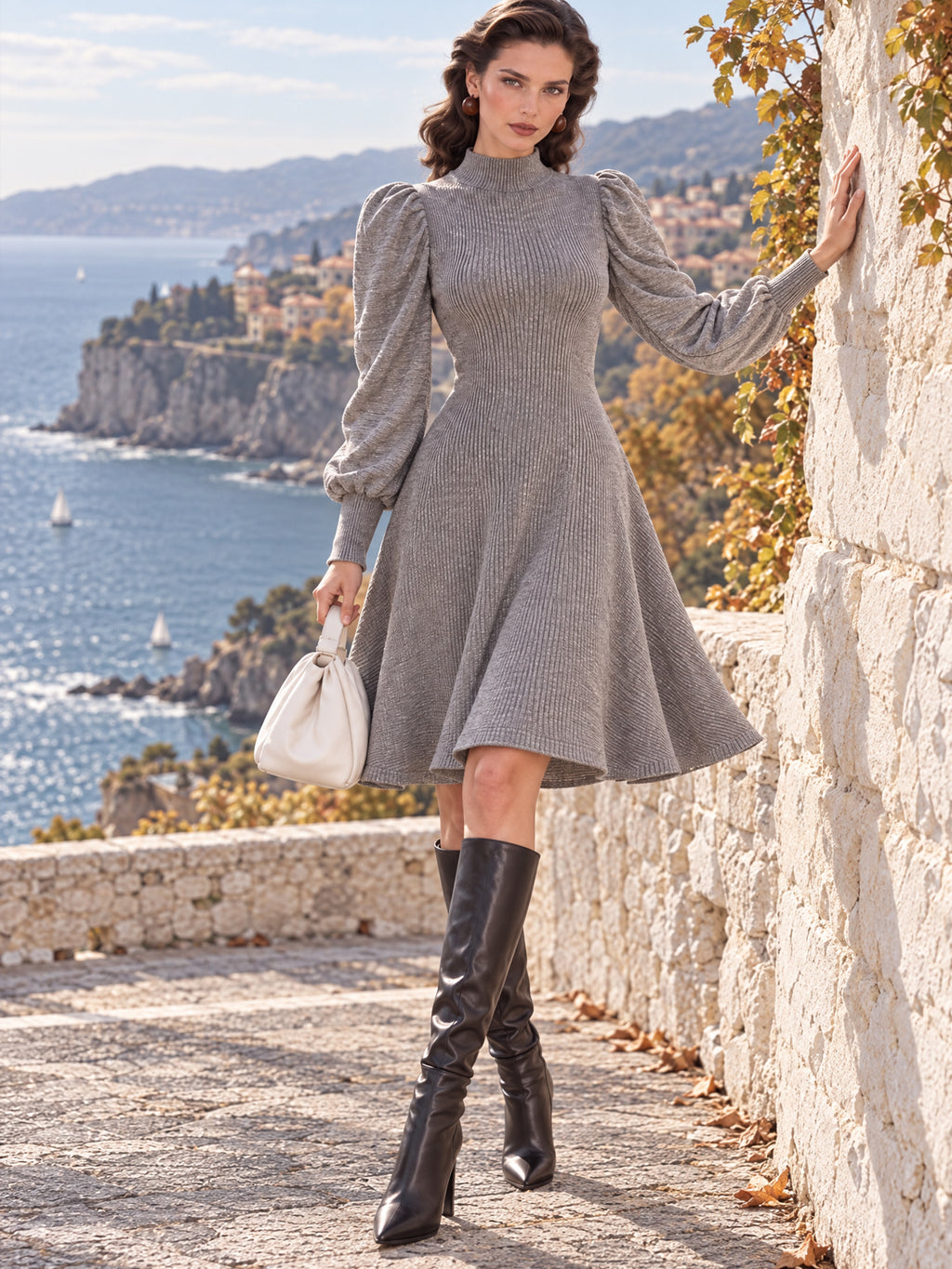 Vintage Grey Ribbed Knit Puff Sleeve Flare Dress