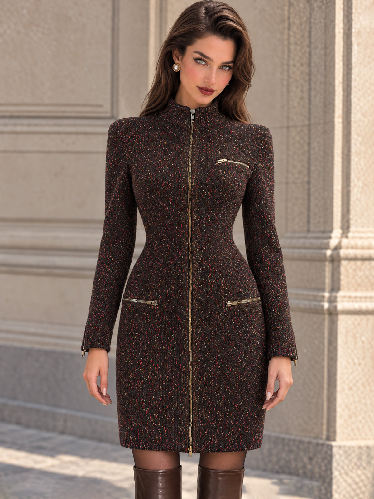 Vintage Brown Zip Front Mini Dress
