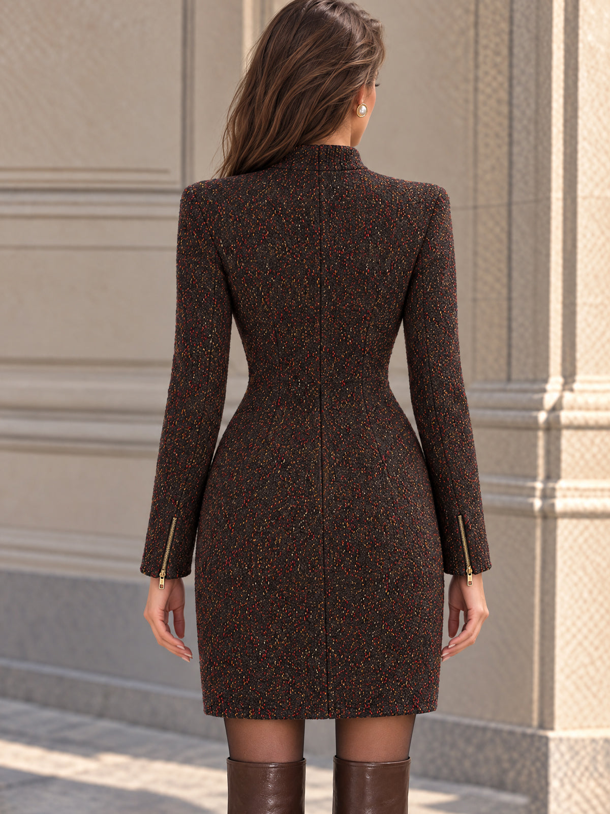 Vintage Brown Zip Front Mini Dress