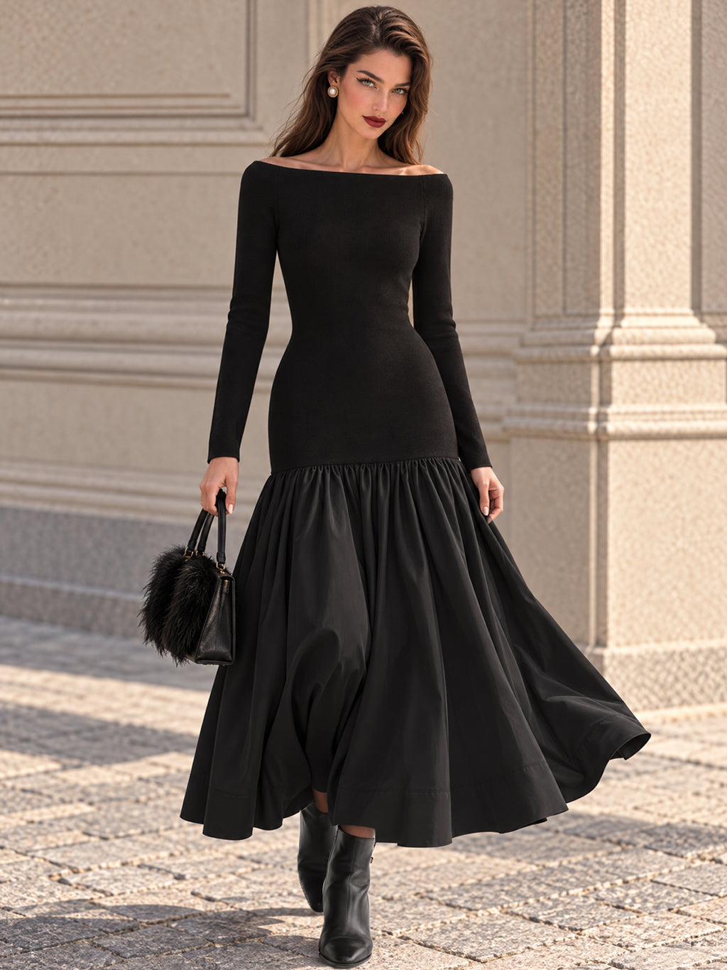 Vintage Black Off Shoulder Bodice Flare Dress