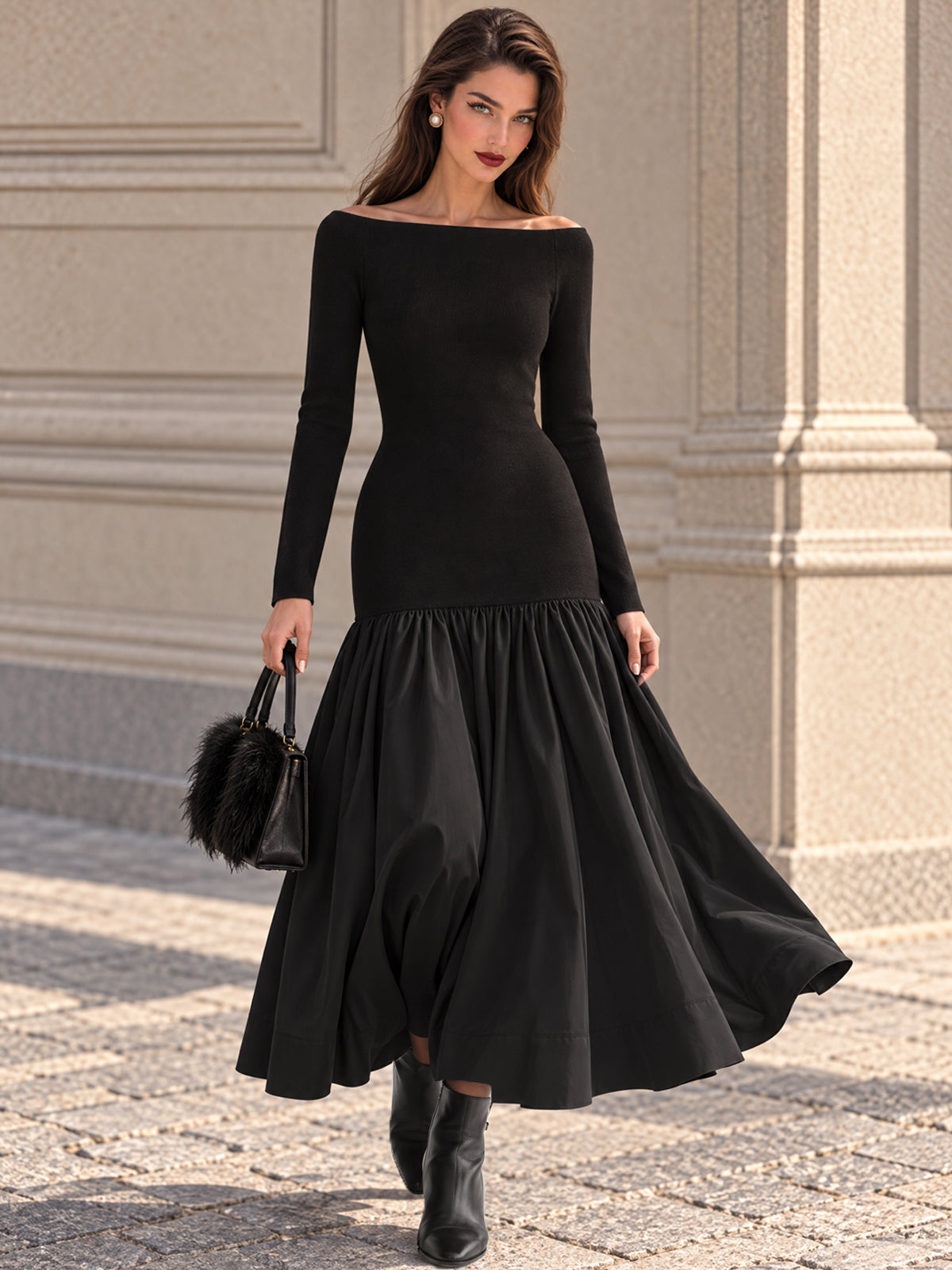 Vintage Black Off Shoulder Bodice Flare Dress