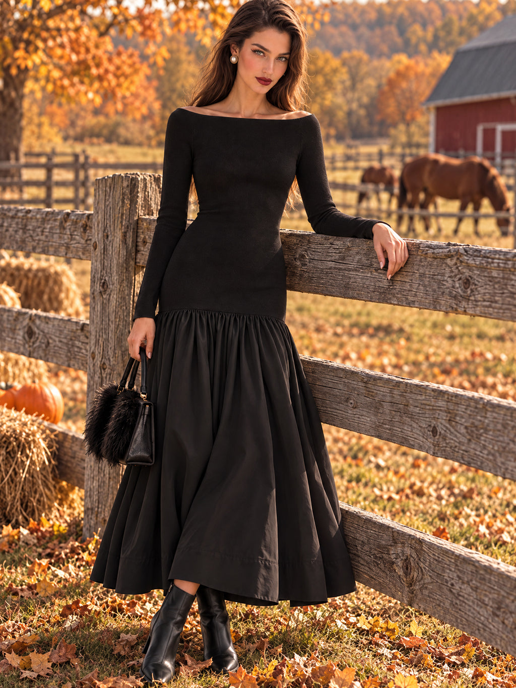 Vintage Black Off Shoulder Bodice Flare Dress