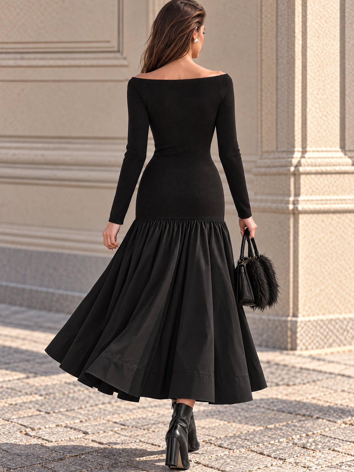 Vintage Black Off Shoulder Bodice Flare Dress