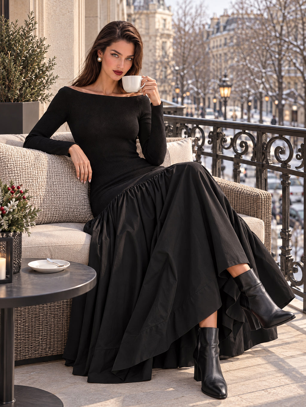 Vintage Black Off Shoulder Bodice Flare Dress