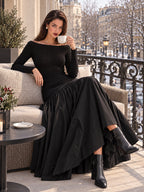 Vintage Black Off Shoulder Bodice Flare Dress