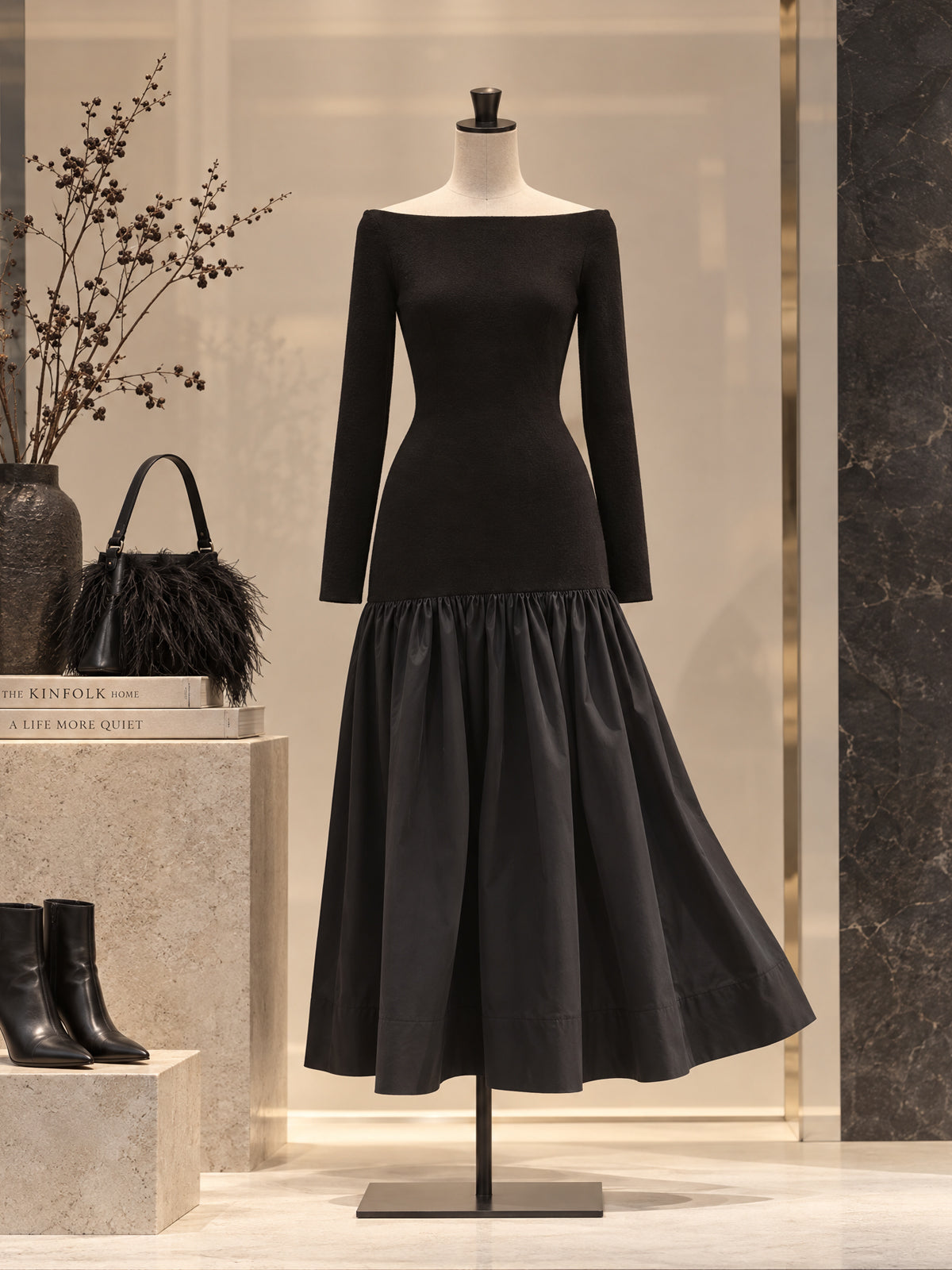 Vintage Black Off Shoulder Bodice Flare Dress