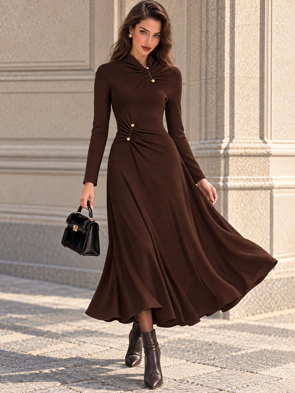 Vintage Brown Ruched Gold Button Flare Midi Dress