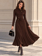 Vintage Brown Ruched Gold Button Flare Midi Dress