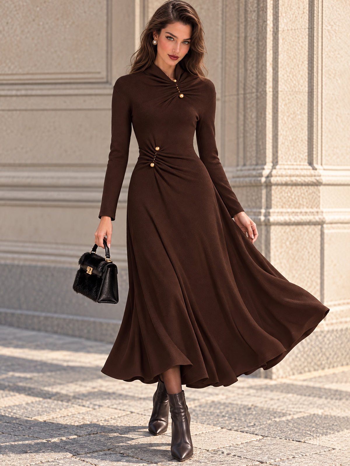 Vintage Brown Ruched Gold Button Flare Midi Dress