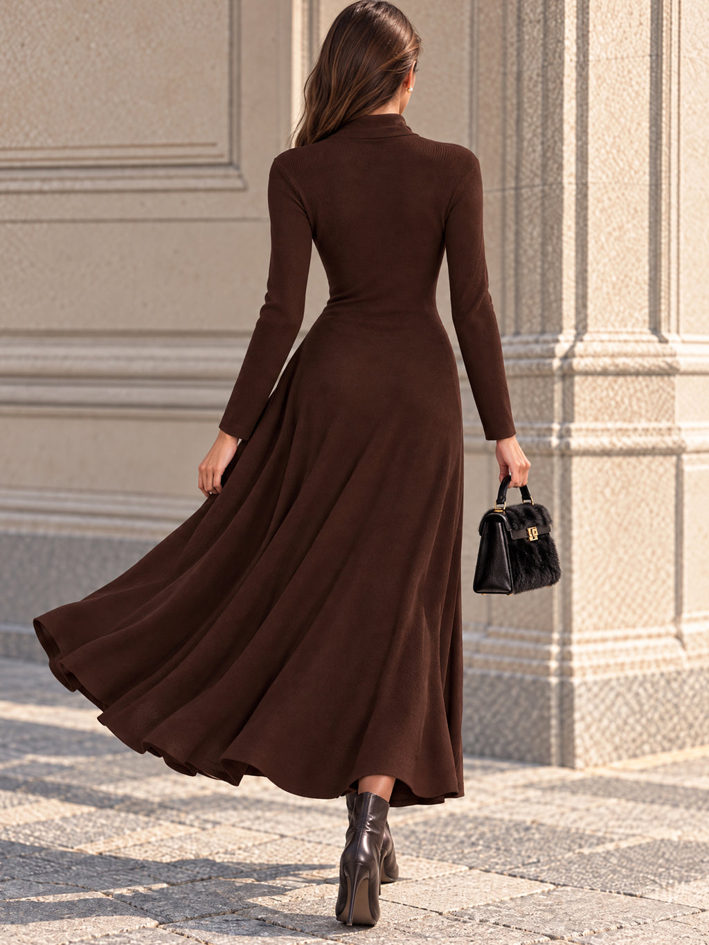Vintage Brown Ruched Gold Button Flare Midi Dress