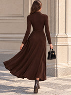 Vintage Brown Ruched Gold Button Flare Midi Dress