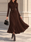 Vintage Brown Ruched Gold Button Flare Midi Dress