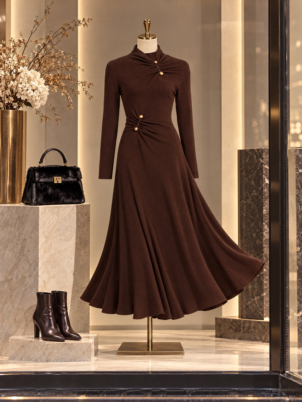 Vintage Brown Ruched Gold Button Flare Midi Dress