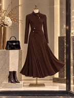 Vintage Brown Ruched Gold Button Flare Midi Dress