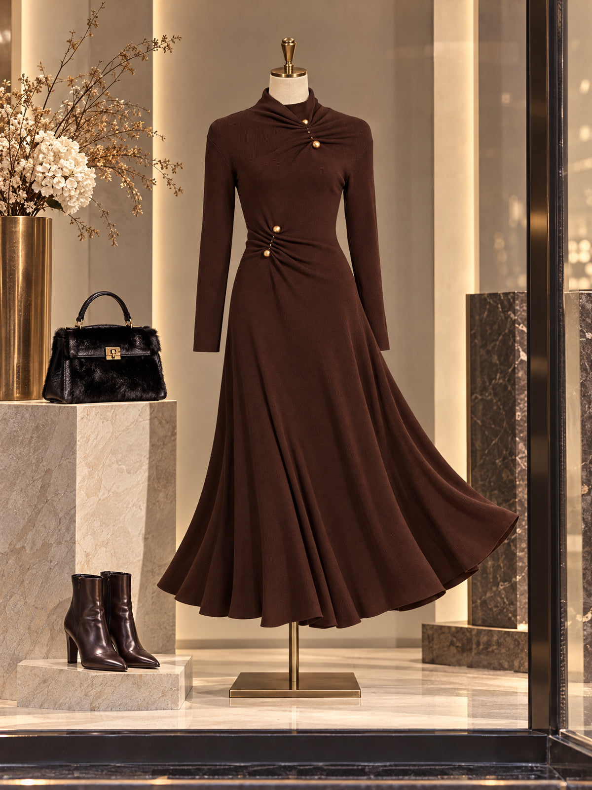 Vintage Brown Ruched Gold Button Flare Midi Dress