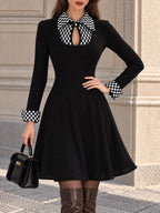 Vintage Black Checkerboard Collar Flare Dress