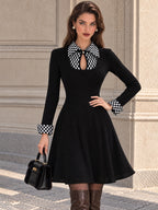 Vintage Black Checkerboard Collar Flare Dress
