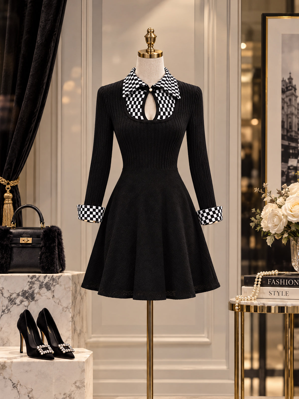 Vintage Black Checkerboard Collar Flare Dress