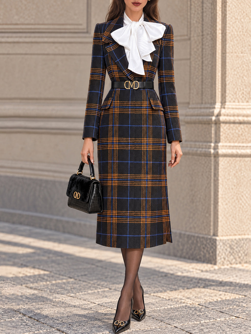 Vintage Black Plaid Wool Midi Dress