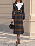 Vintage Black Plaid Wool Midi Dress