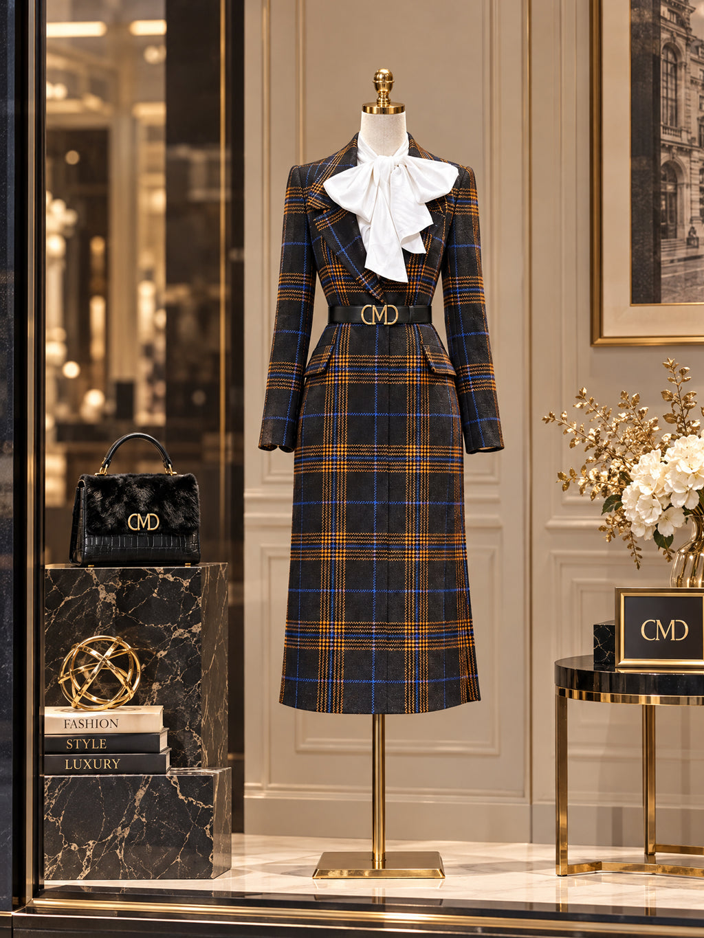 Vintage Black Plaid Wool Midi Dress