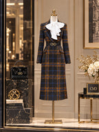 Vintage Black Plaid Wool Midi Dress