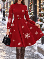 Vintage Red Snowflake Print Belted Flare Midi Dress