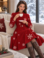 Vintage Red Snowflake Print Belted Flare Midi Dress