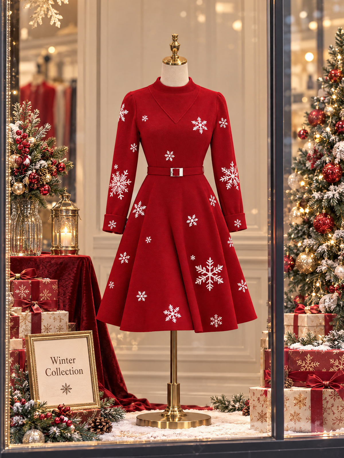 Vintage Red Snowflake Print Belted Flare Midi Dress