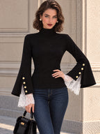 Vintage Black Mock Neck Lace Cuff Bell Sleeve Shirt