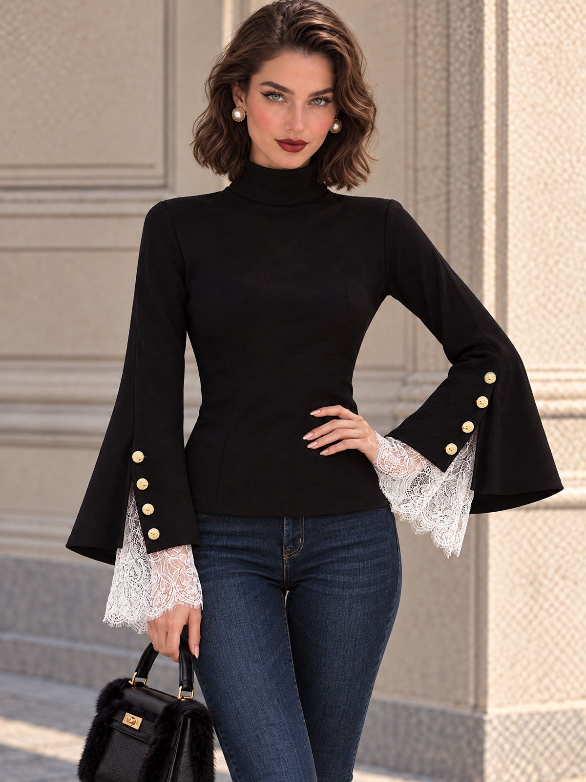 Vintage Black Mock Neck Lace Cuff Bell Sleeve Shirt
