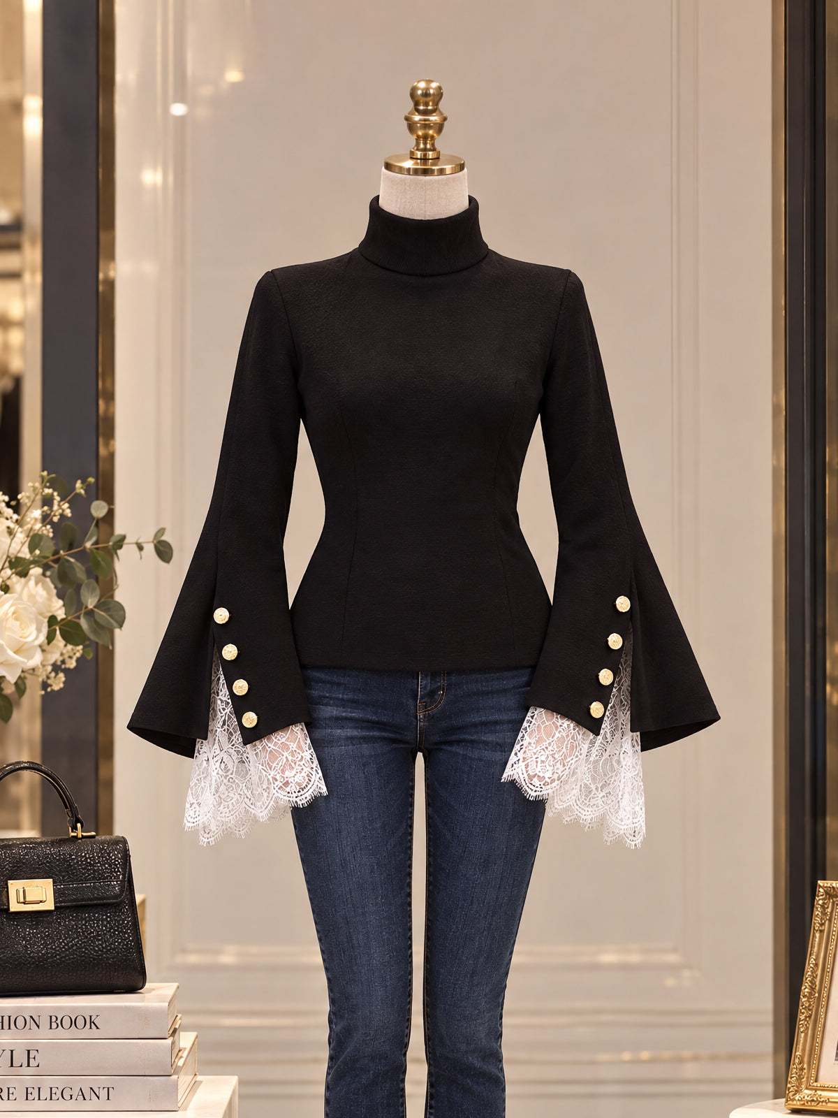 Vintage Black Mock Neck Lace Cuff Bell Sleeve Shirt